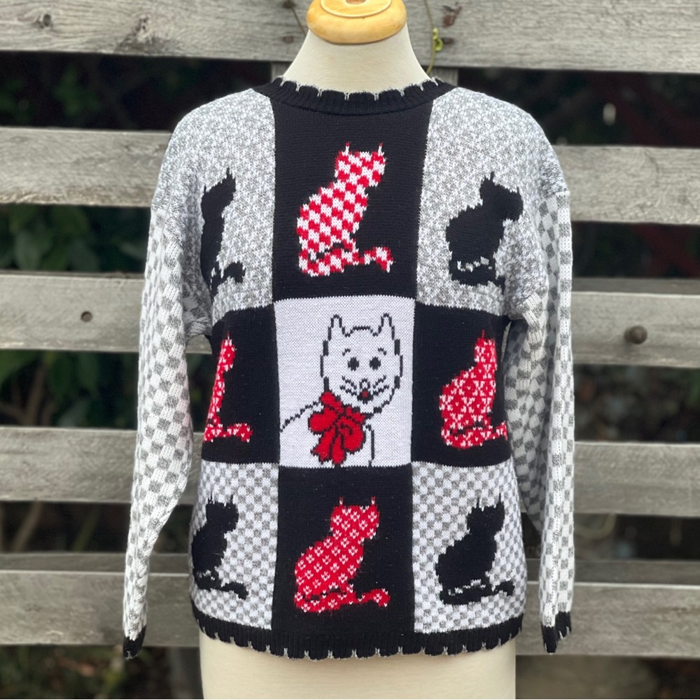 Vintage Basic Editions Cat Patchwork Sweater Scal… - image 1